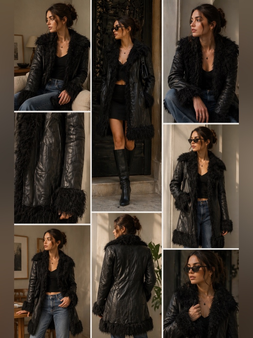 Vintage Faux Leather Coat Fur Trim Black Y2K Boho Small